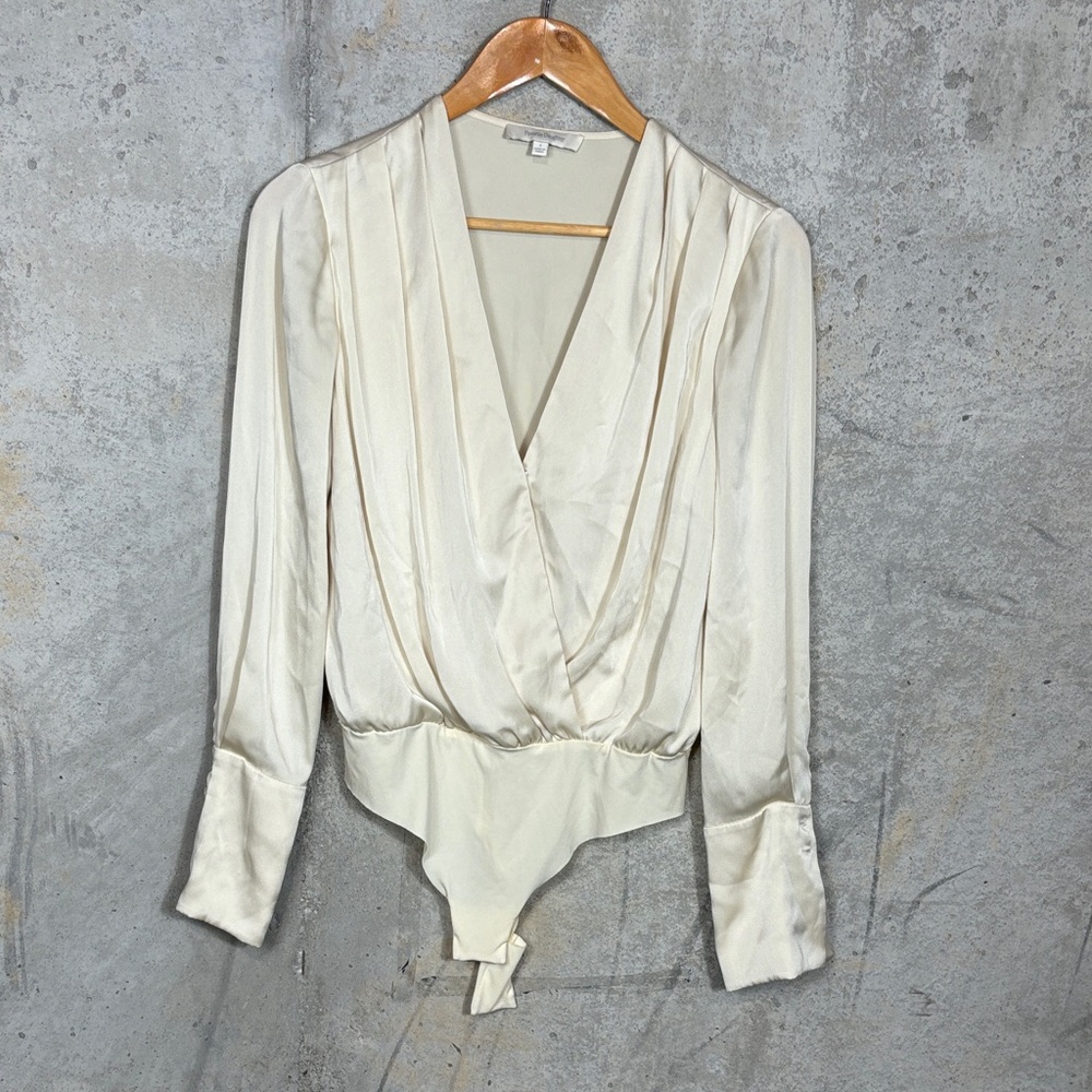Favorite Daughter Surplice Long Sleeve Satin Bodysuit In Champagne. - Picture 4 of 11